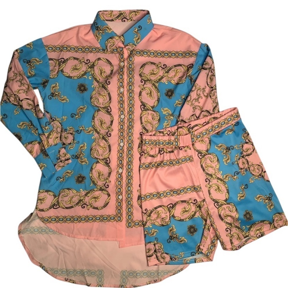 SZ MEDIUM Pink and Blue Paisley Shirt and Shorts Set